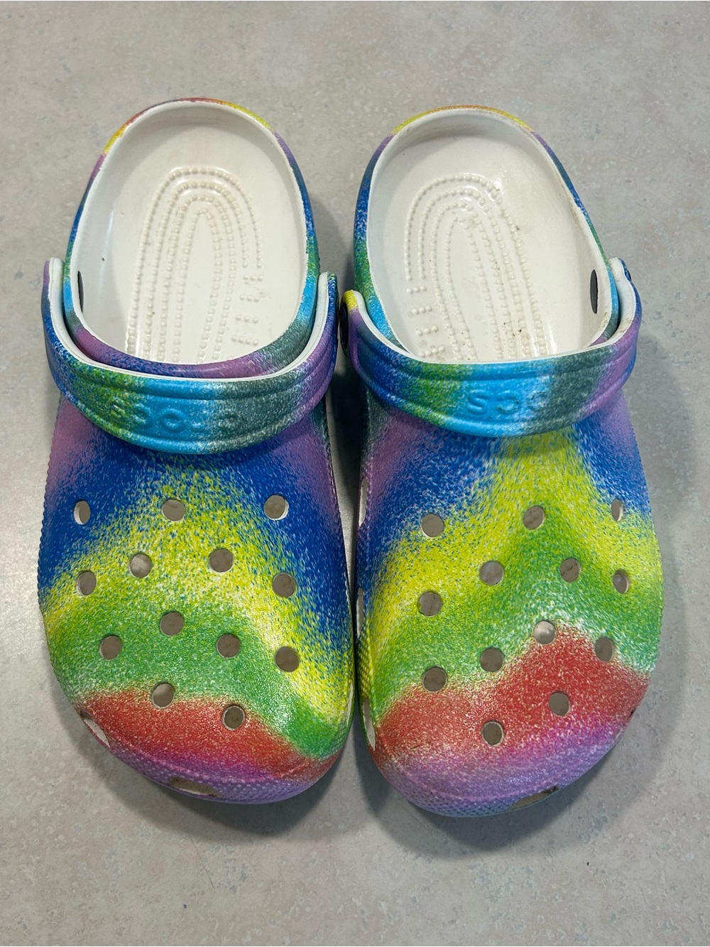 CROCS Multicolor Tie-Dye Mules - Blue, Green, Yellow, Red, Purple